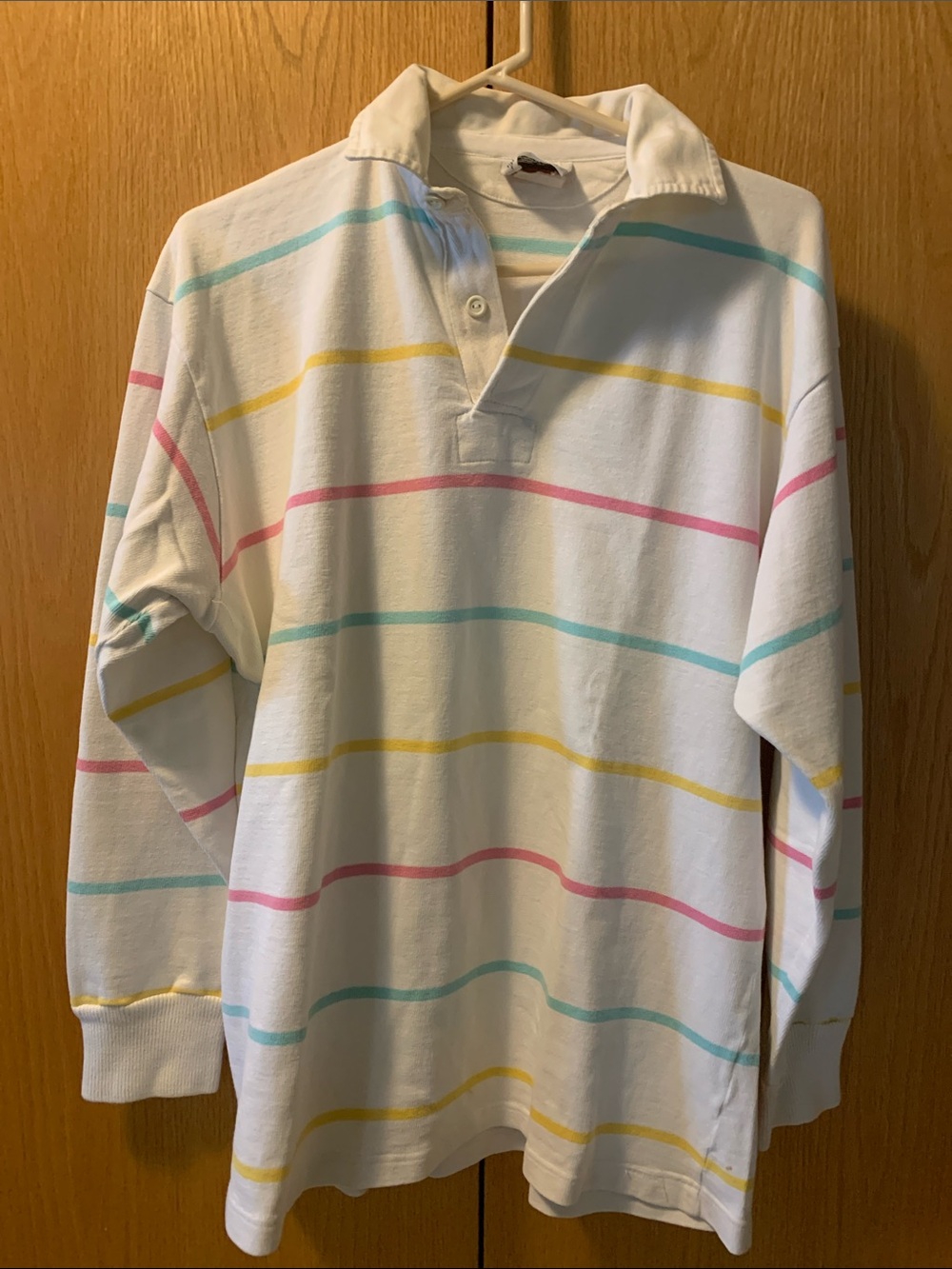 Vintage White Long-Sleeve Rugby Shirt with Pastel Stripes